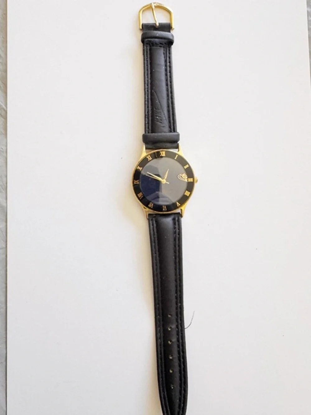 Vintage Nike Gold Tone Watch Black Leather Roman Numeral 34mm